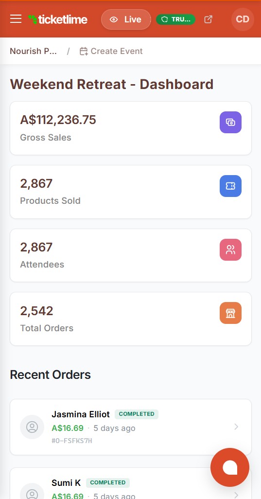 Ticketlime event ticketing dashboard on mobile